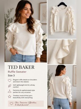 Ted Baker London Ruffle Sweater Size 3 Ivory Cream Feminine Romantic Knit Top